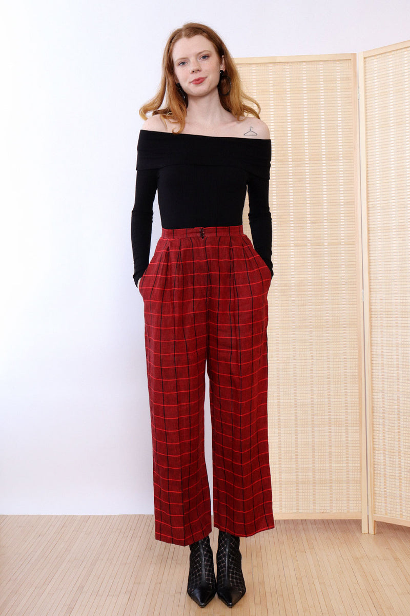 Red plaid store trousers