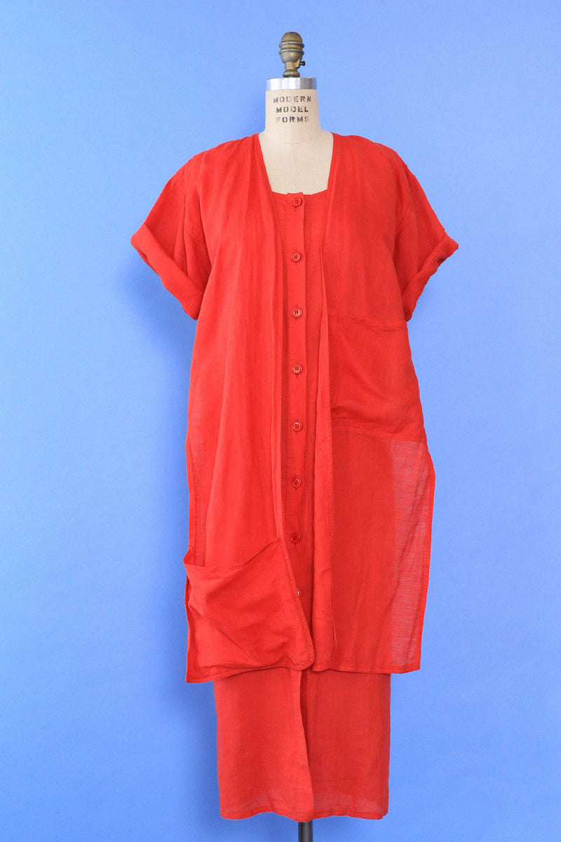 Tomato Red Linen Pocket Dress/Duster XS-M
