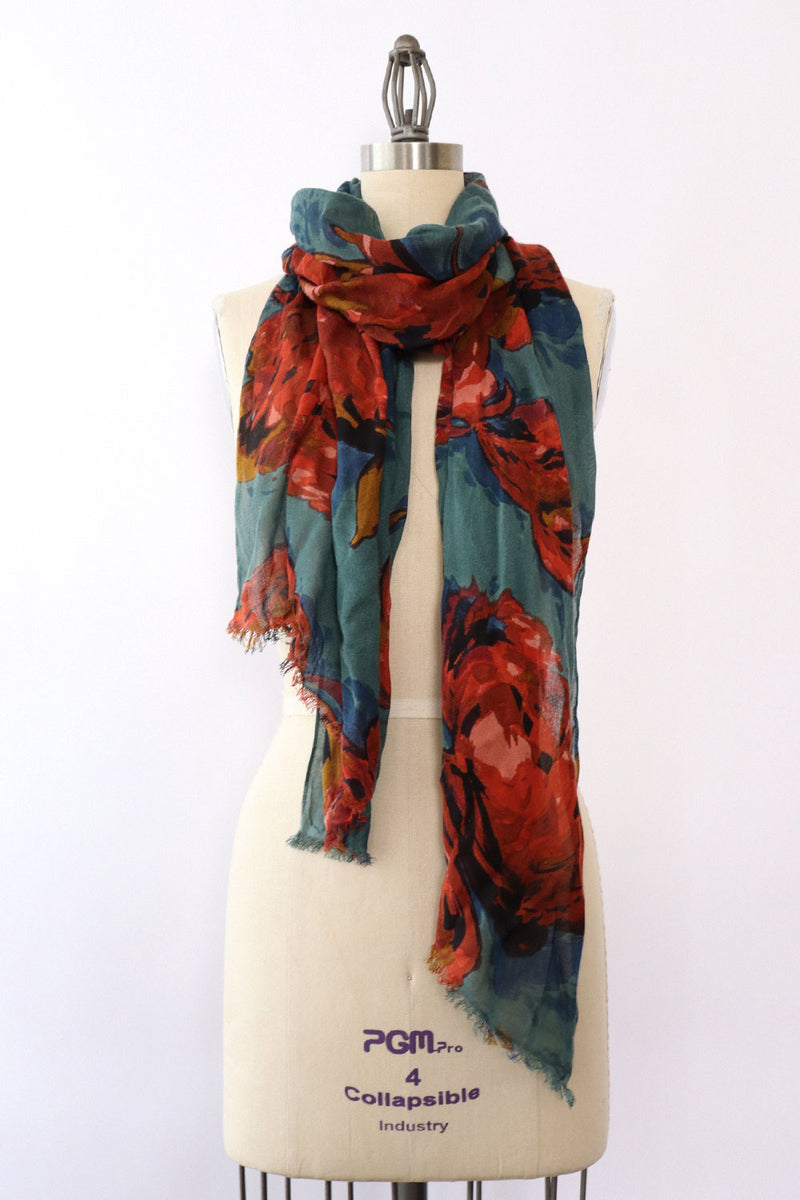 Teal Rose Watercolor Floral Scarf