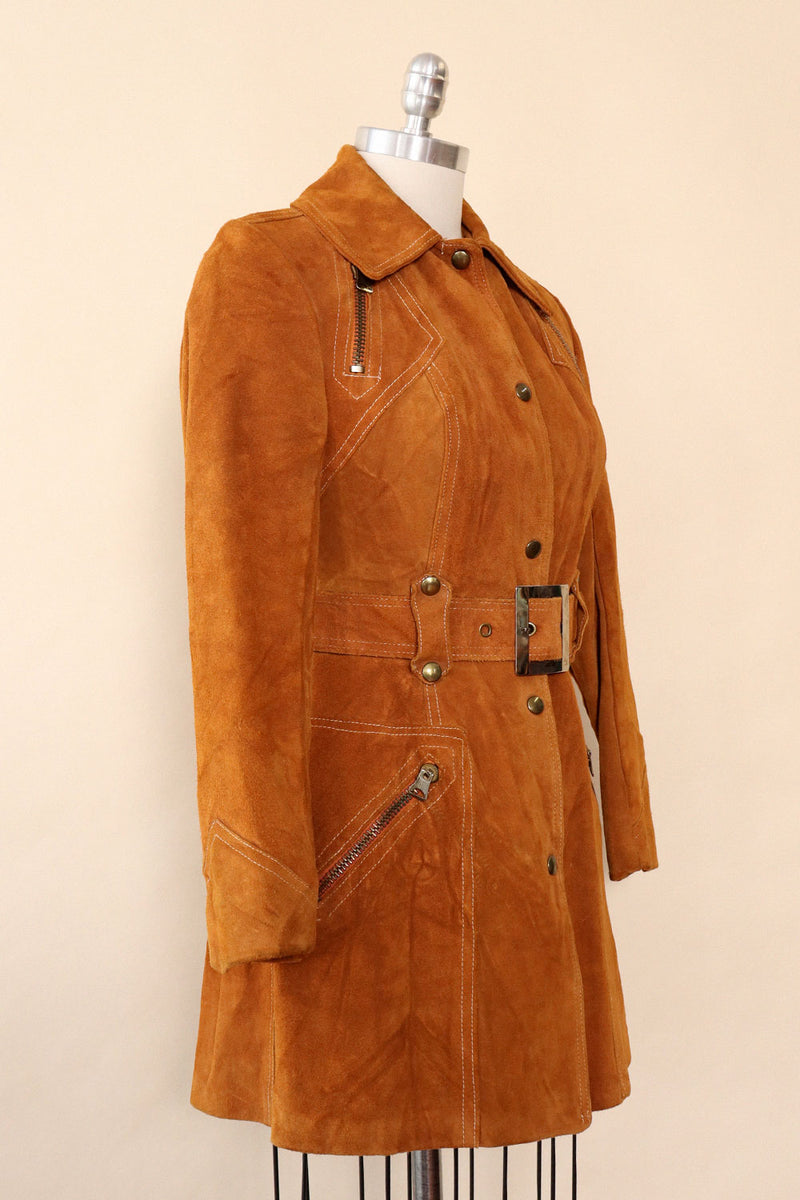 Cognac Suede Zip and Buckle Trench XS