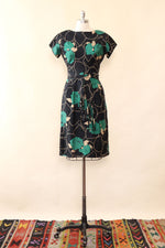 1950s Silk Bottle Green Floral Dress XS/S