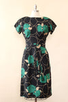 1950s Silk Bottle Green Floral Dress XS/S