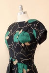 1950s Silk Bottle Green Floral Dress XS/S