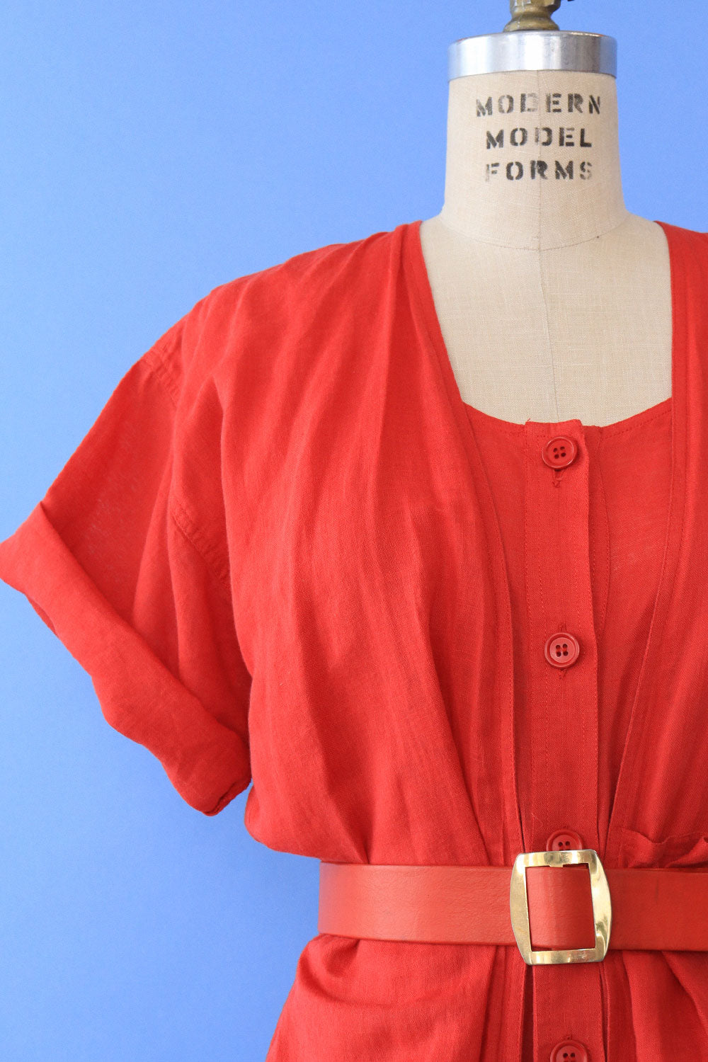 Tomato Red Linen Pocket Dress/Duster XS-M