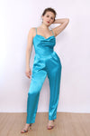 Climax Turquoise Satin Jumpsuit Ensemble M