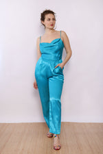 Climax Turquoise Satin Jumpsuit Ensemble M