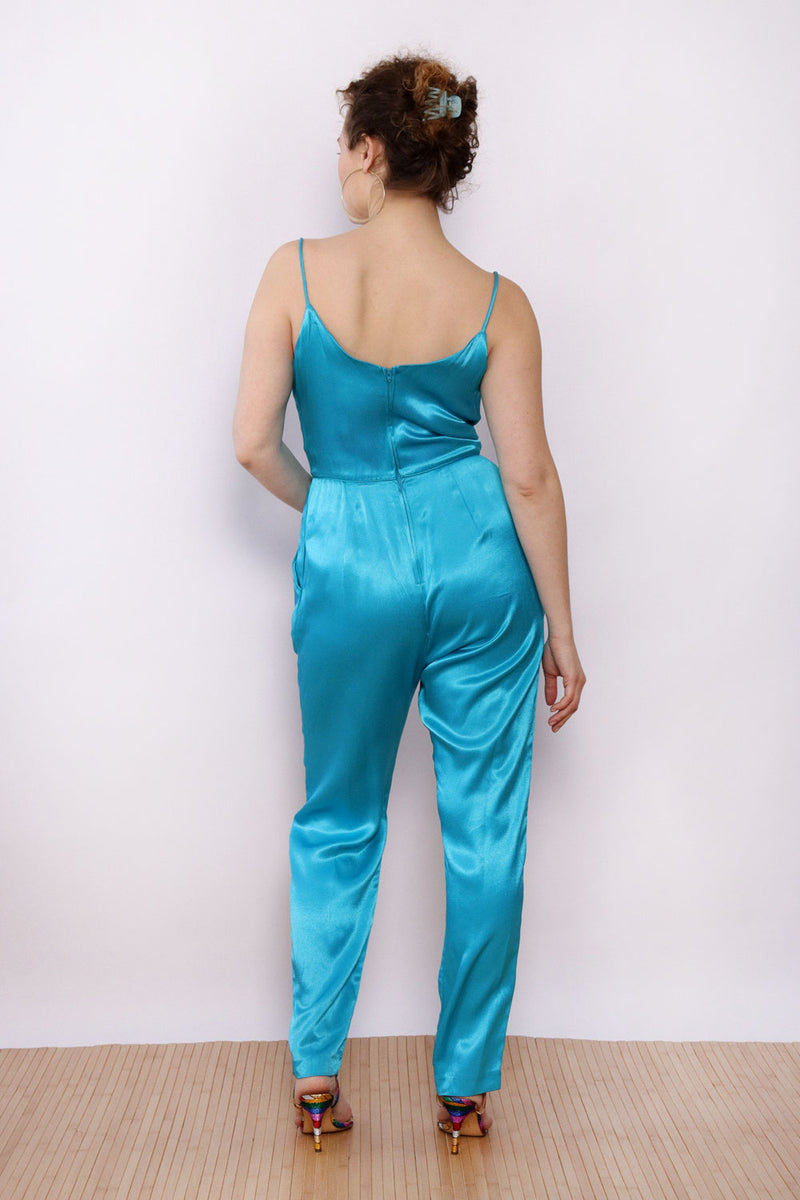 Climax Turquoise Satin Jumpsuit Ensemble M