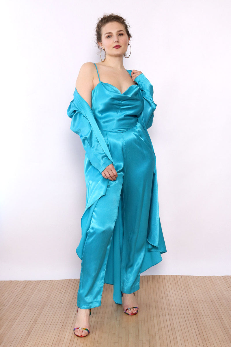 Climax Turquoise Satin Jumpsuit Ensemble M