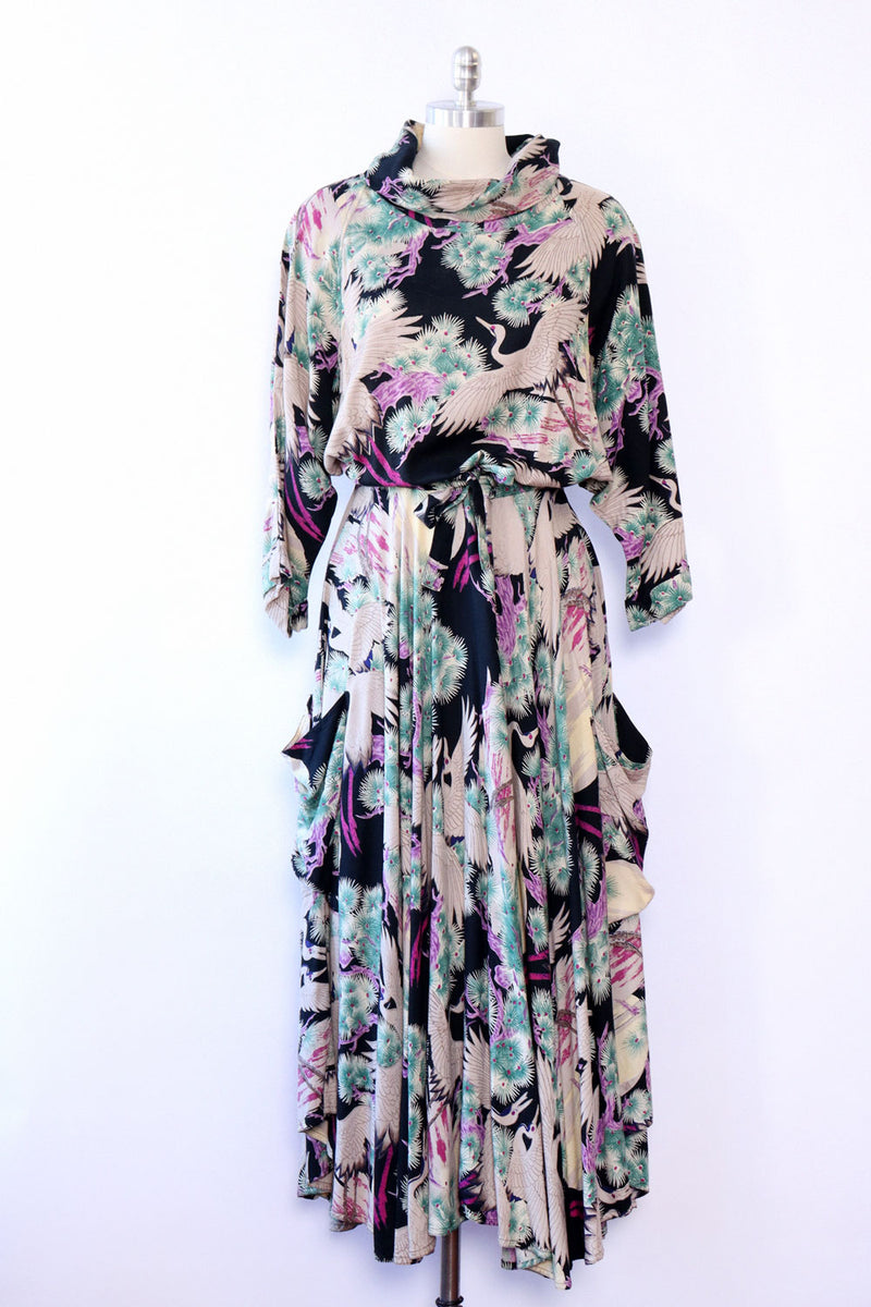 Scenic Crane Print Cowl Dress S/M