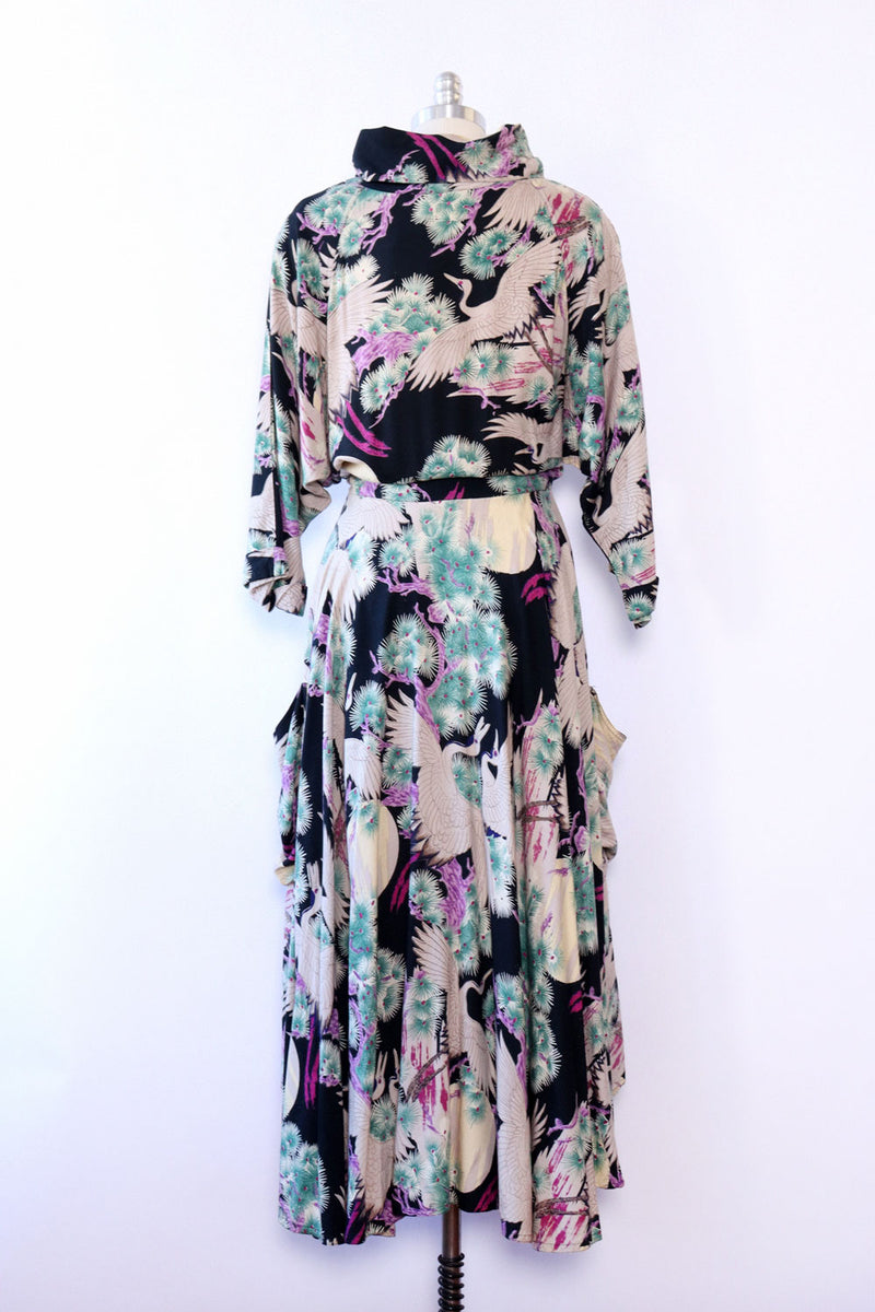 Scenic Crane Print Cowl Dress S/M