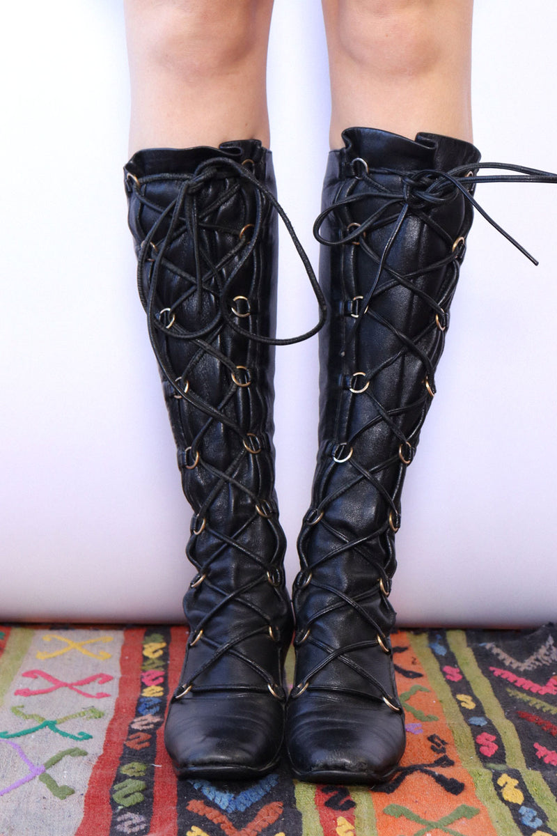 1960s Black Leather Lace Up Go-Go Boots 6-6.5