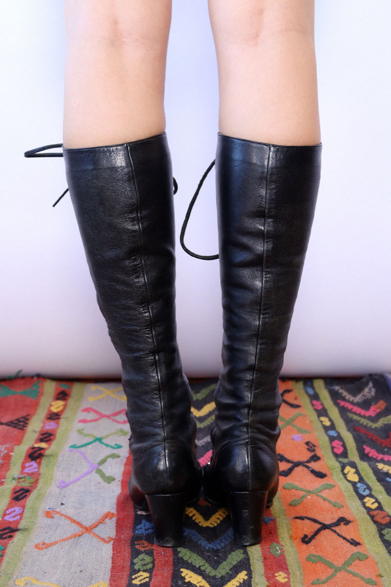 1960s Black Leather Lace Up Go-Go Boots 6-6.5