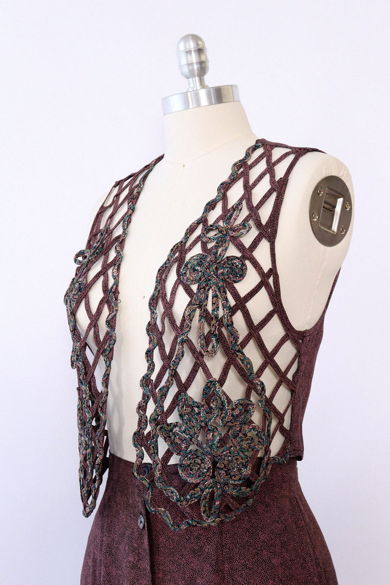 Openwork Printed Vest and Skirt Ensemble S