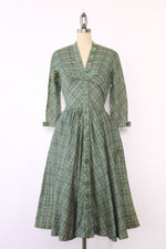 1950s Ivy Plaid Silk Button Dress XS