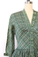 1950s Ivy Plaid Silk Button Dress XS