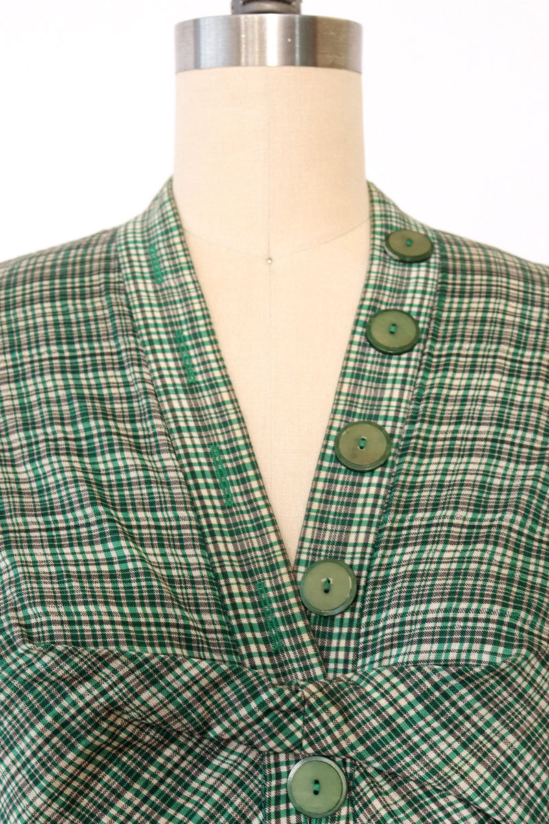 1950s Ivy Plaid Silk Button Dress XS