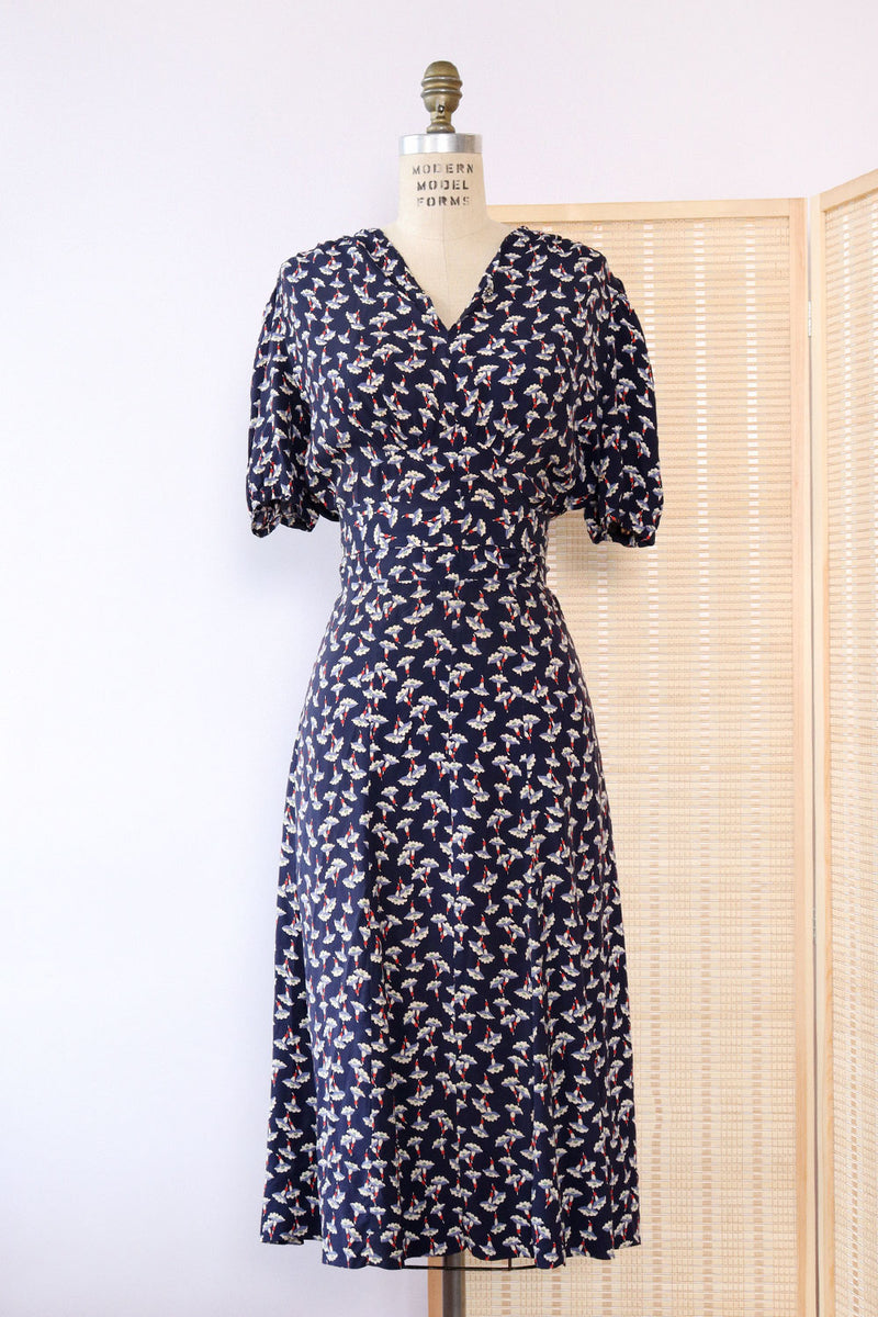 1940s Cold Rayon Floral Day Dress M/L