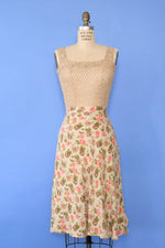 Romantic Rose Print Silk Skirt L