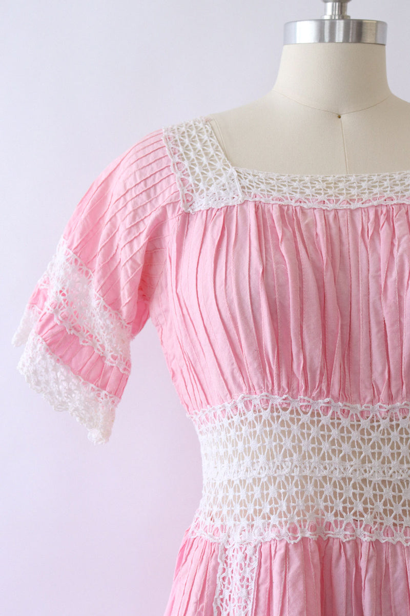 Petal Pink Crochet Trim Cotton Dress L