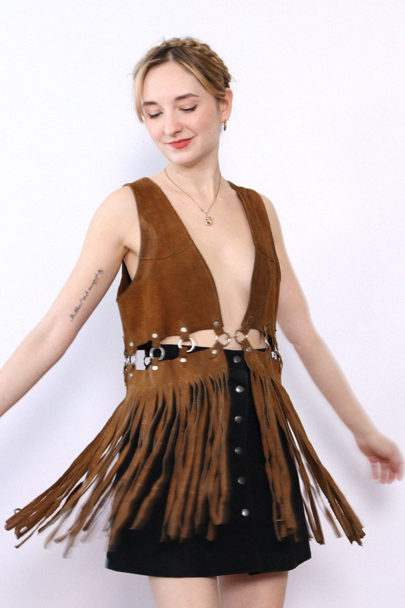 Suede O-ring Fringe Vest XS-M