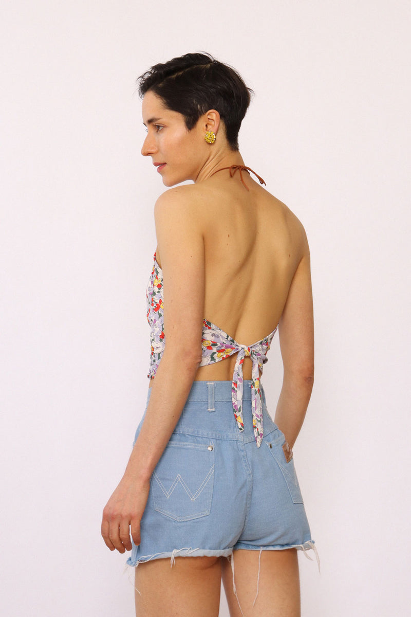 1970s Smocked Floral Halter Top XS-M