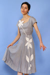 1950s Dove Grey Linen Appliqué Dress S