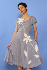 1950s Dove Grey Linen Appliqué Dress S