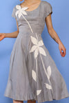 1950s Dove Grey Linen Appliqué Dress S