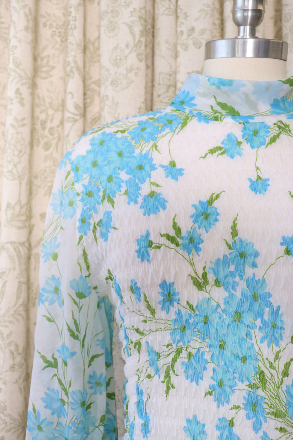 Sky Blue Floral Smocked Blouse L/XL