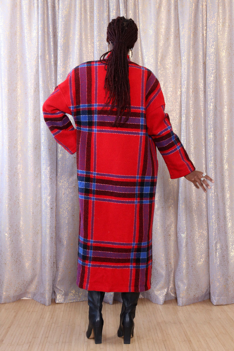 Ruby Plaid Fringed Blanket Coat S-L