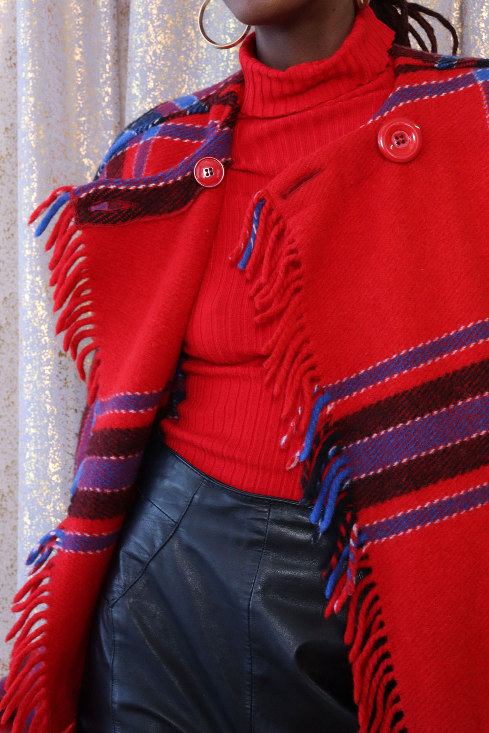 Ruby Plaid Fringed Blanket Coat S-L