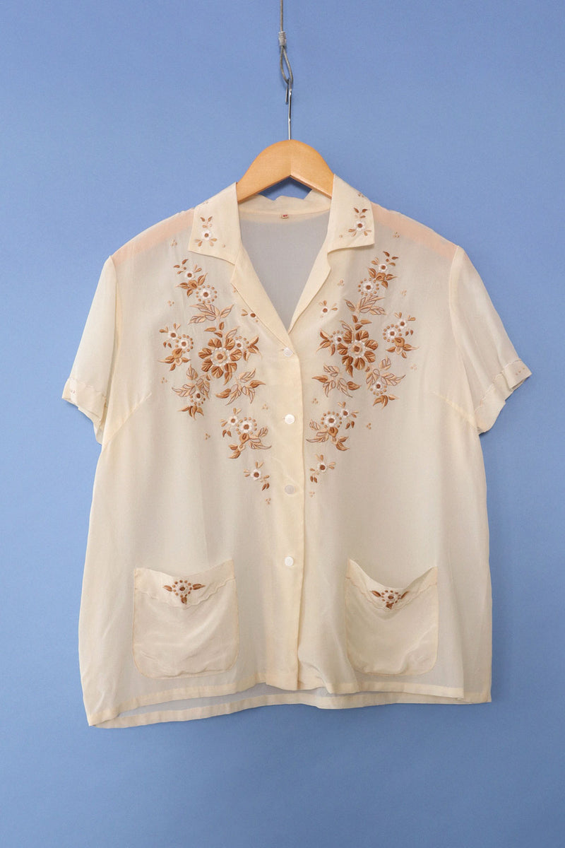 Creme Silk Embroidered Blouse M