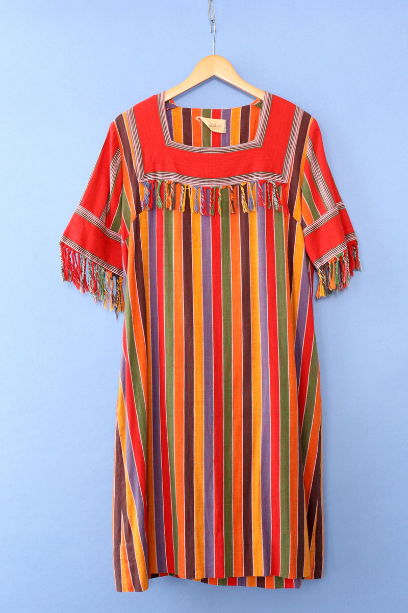 Rainbow Stripe Woven Fringe Dress M/L