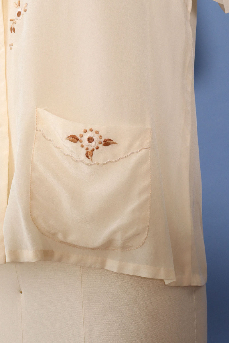 Creme Silk Embroidered Blouse M