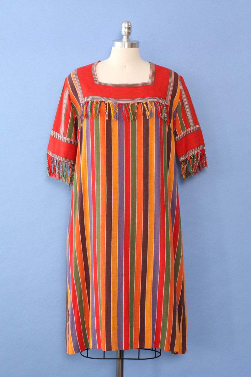 Rainbow Stripe Woven Fringe Dress M/L