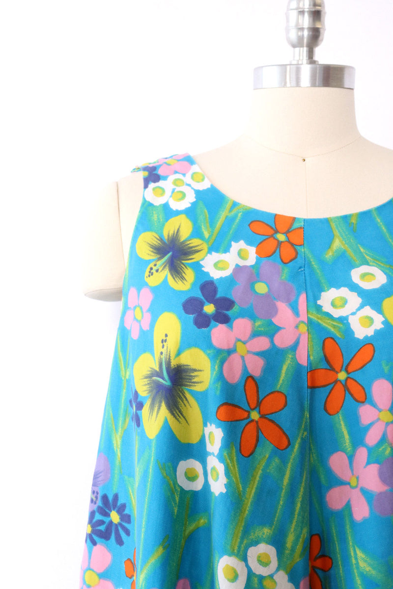 1960s Floral Cotton Trapeze Dress S/M