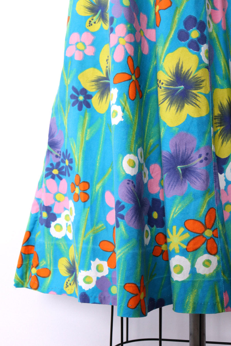 1960s Floral Cotton Trapeze Dress S/M