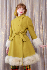 Fur Trimmed Chartreuse Swing Coat S/M