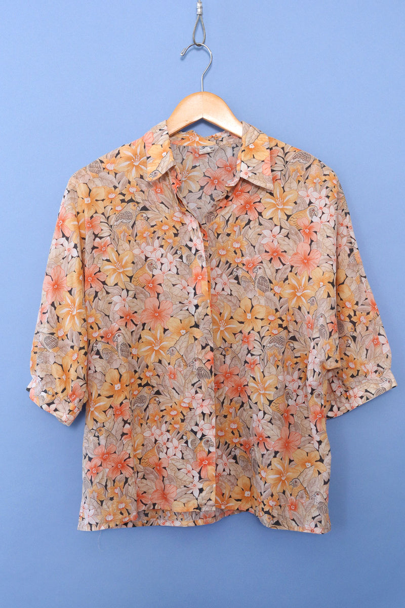 Peachy Floral Parrot Blouse M/L