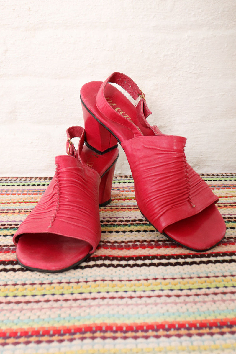 Hot Pink Ruched Leather Mules 6-6.5