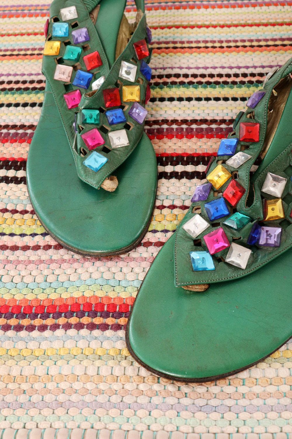 Bejeweled Green Leather Sandals 8.5-9