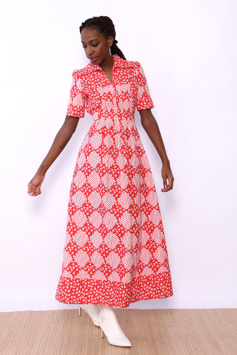 Polka Dot Patch Cotton Maxi Dress XS