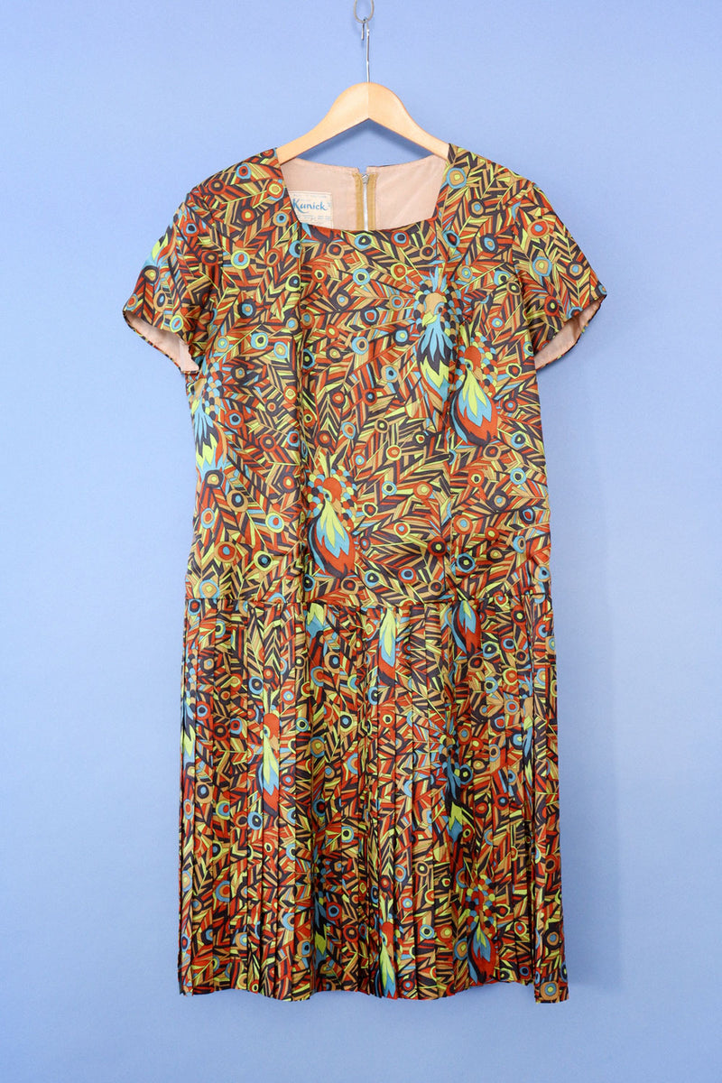 Psychedelic Peacock Pleat Dress L