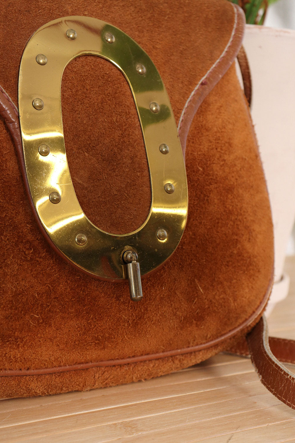 Studded Oval Chestnut Suede Shoulder Bag