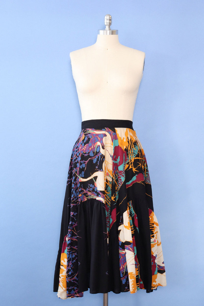 Crane Print Ruffled Skirt S/M