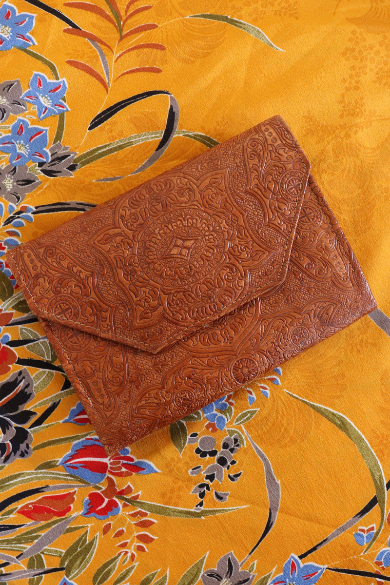 1940s Cognac Tooled Envelope Clutch