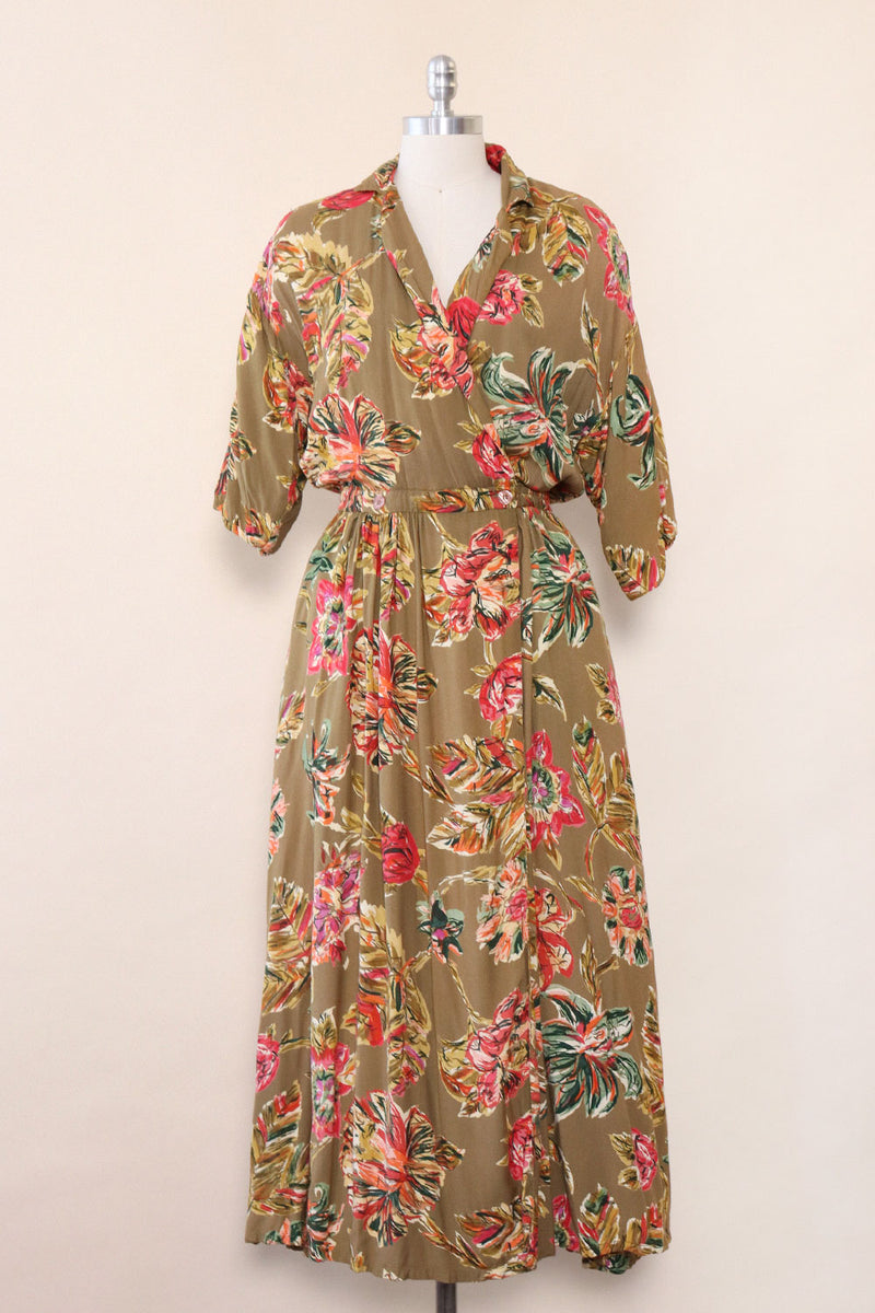 Olive Painterly Floral Tea Dress L