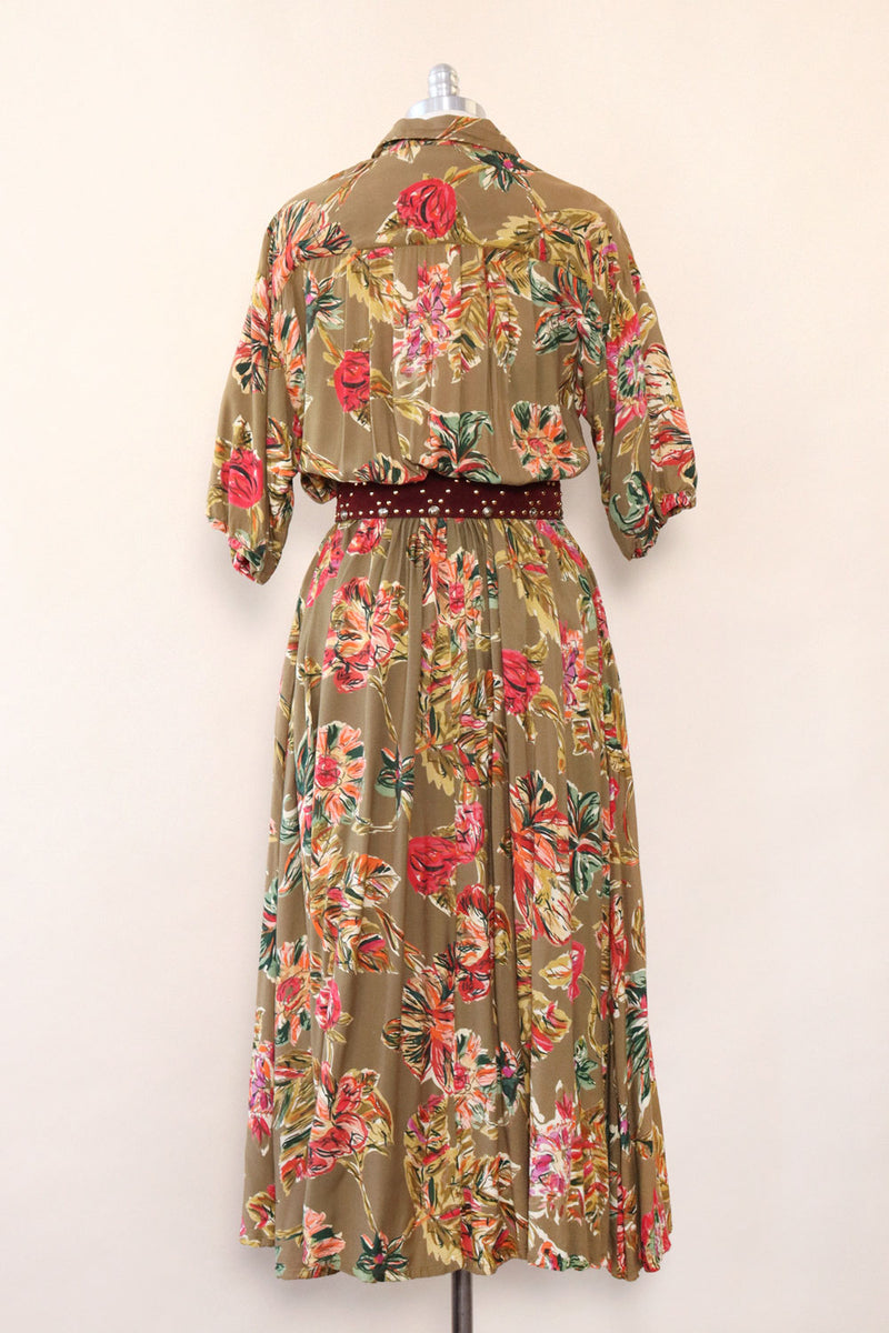 Olive Painterly Floral Tea Dress L