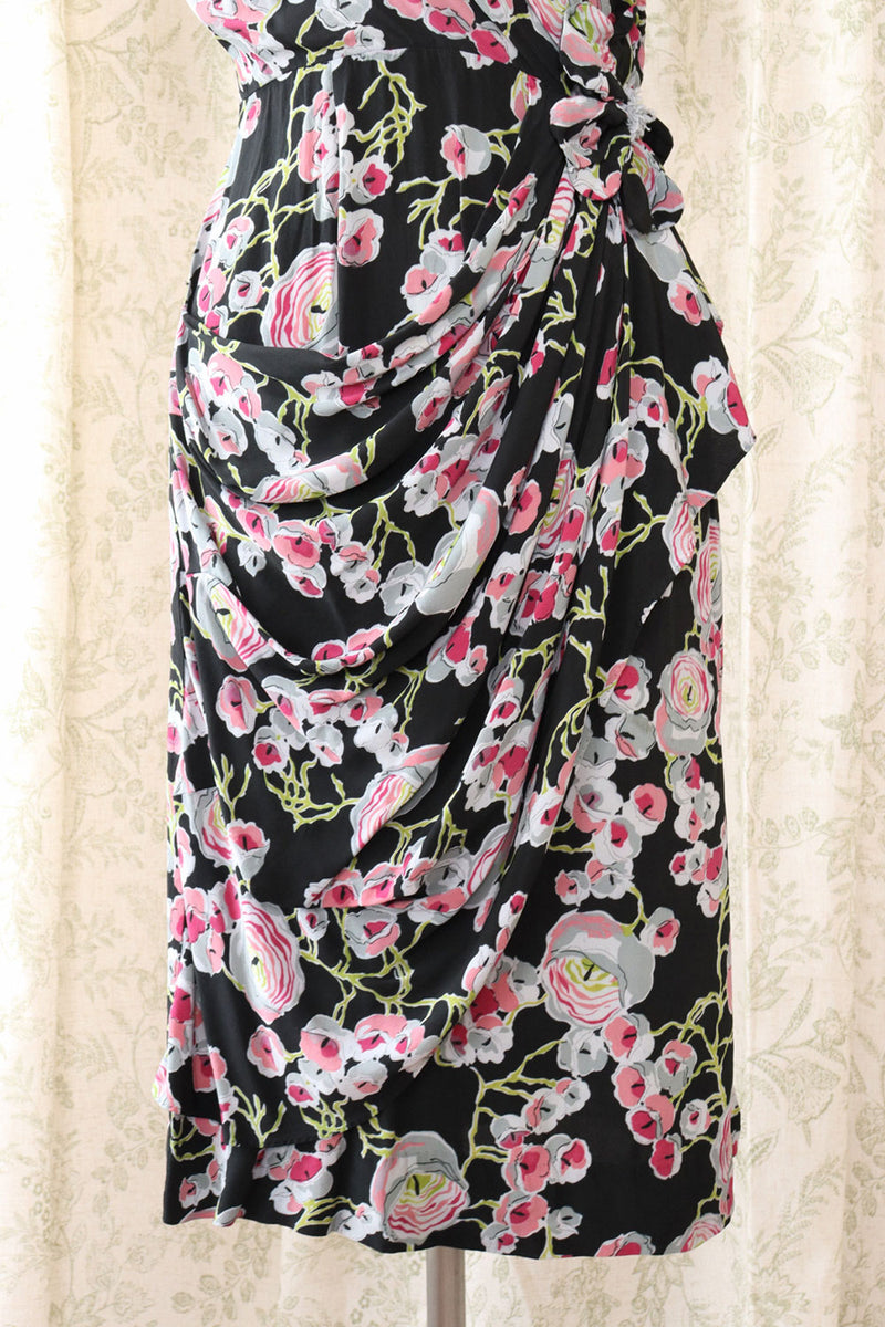 1940s Romantic Rayon Painterly Dress M