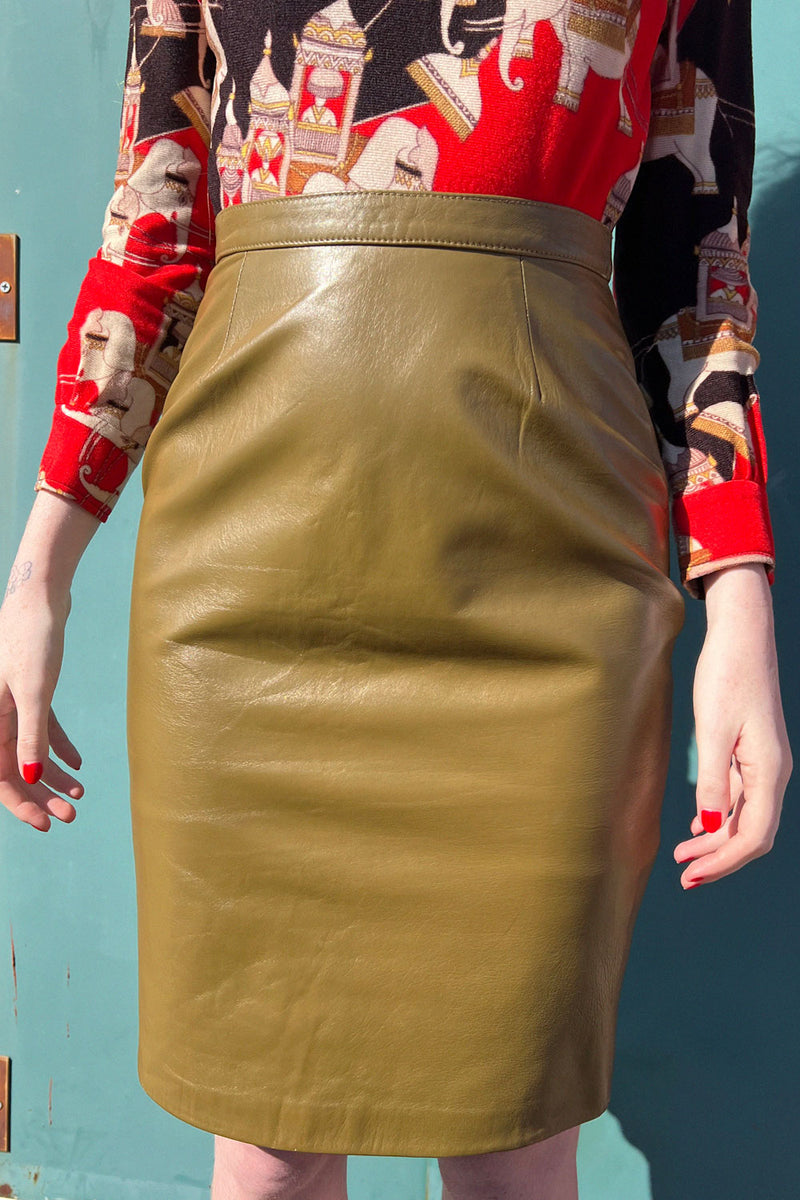 Italian Olive Leather Skirt S